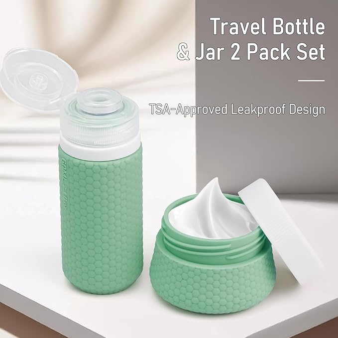Travel Bottles for Toiletries 2oz 60ml 2 Pack + Cosmetic Jar 40ml 1.35oz Luxury Leather Pattern, Anti-slip Silicone Premium Refillable Bottle Set with Facial Brush for Gym Men Women, Green