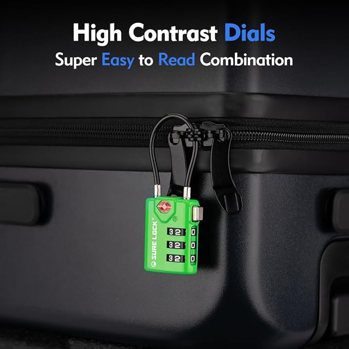 SURE LOCK TSA Approved Combination Luggage Locks with Open Alert Indicator – Durable Zinc Alloy Cable Travel Locks with Large Easy-Read Dials for Suitcases, Backpacks & Gym Bags （Green 2 Pack