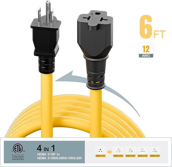 [6-Feet] NEMA 5-15P to 5-15R/ 5-20R/ 6-15R/ 6-20R AC Adapter, Plugrand 12AWG 15 Amp Household AC Plug to 20 Amp T Blade Adapter Cable, 15A 125V to 20A 250V Extension Cable, 6FT
