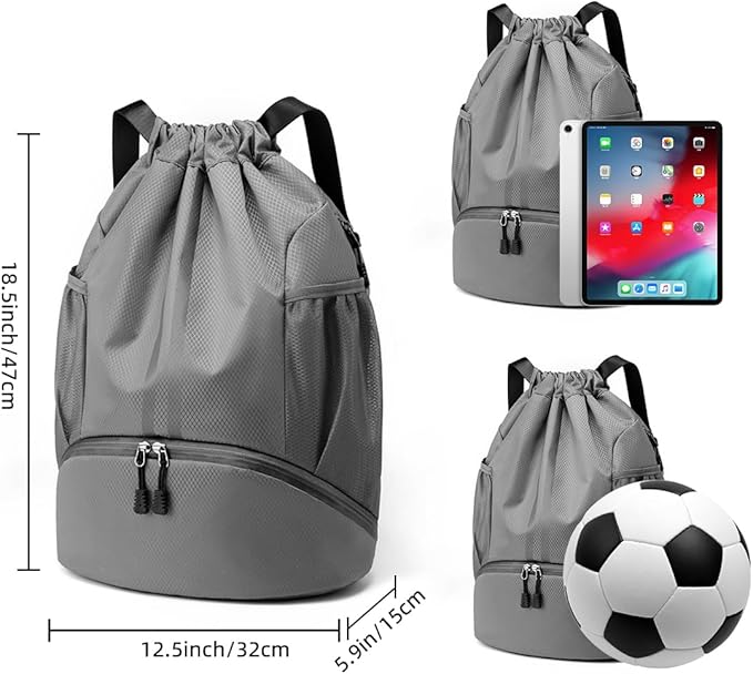 Valleycomfy Sports Drawstring Backpack - Water Resistant String Bag with Shoe Compartment Gym Backpack for Women & Men Dark Grey