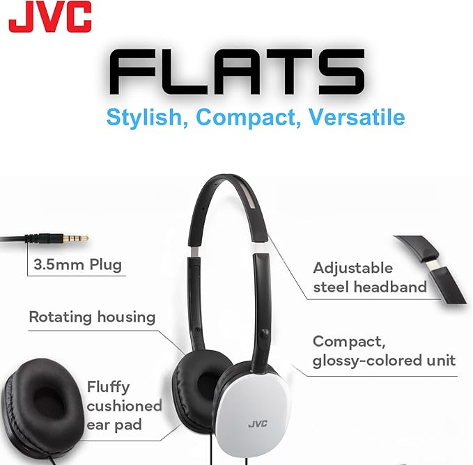 JVC Flats On-Ear Wired Headphones - Flat Foldable Design - 30mm Driver for Powerful Sound - Soft Ear-Pads for Comfort – Steel Headband - Lightweight & Portable - PC/Laptop/Gaming - 3.5mm Slim Plug