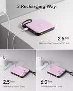 VRURC Portable Charger with Built-in Cable, 10000mAh 22.5W Fast Charging USB C Battery Pack, Cell Phone Power Bank for iPhone 17 16 15 Series Android Tablet (Purple)