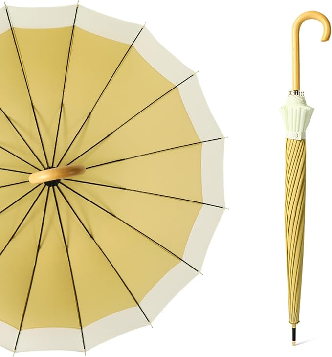 ThreeH Big Beatiful Umbrella with Arc Classic Wood Handle 16 Ribs 48" Windproof Sturdy Stick Rain Umbrella