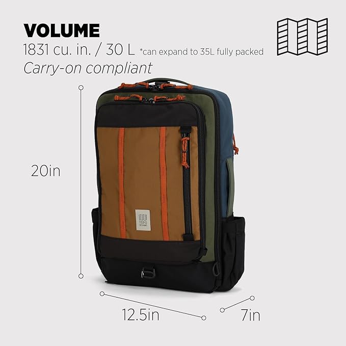 Topo Designs Global Travel Bag 30-40 Liter - Carry-on Compliant Versatile Pack, 3 Carry Options, External Laptop Sleeve (30L, Olive/Dark Khaki)