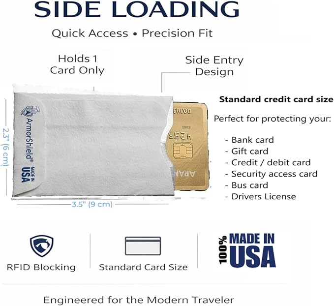 RFID Blocking Sleeves Credit Card Protector 100% MADE IN USA - Anti-theft for Travel wallet, purse. ArmorShield Your Identity (5PAK)