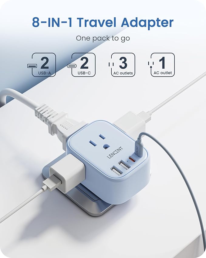 European Travel Plug Adapter, LENCENT US to Europe Type-C Foldable Power Plug with 4 Outlets 4 USB Ports (2 USB C), Power Adaptor for USA to EU Euro Iceland Spain Italy France Germany Greece, Blue