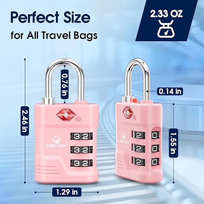 SURE LOCK TSA Approved Luggage Lock – 3-Digit Resettable Combination Padlock with Open Alert Red Dot, Large Easy-Read Dials for Suitcases, Backpacks, Gym & School Lockers(Pink 4 pk)