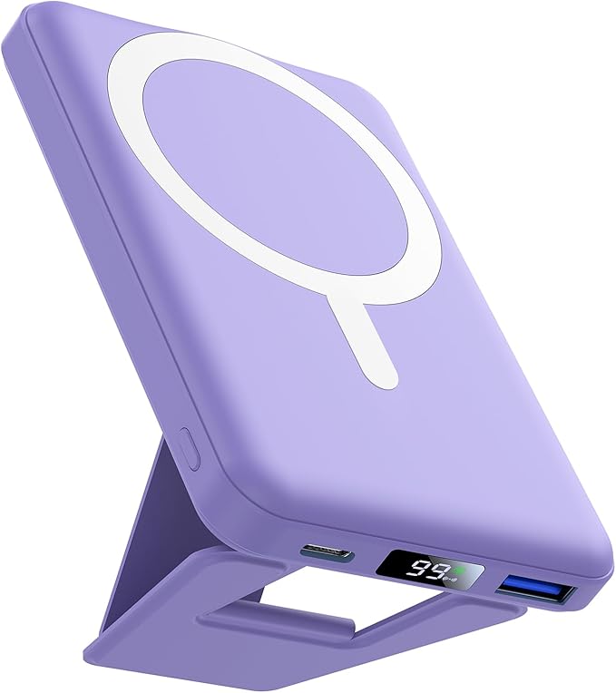 AOGUERBE for Magsafe Power Bank, 10000mAh Foldable Magnetic Battery Pack with LED Display, 3 in 1 Wireless Portable Charger with 22.5W Fast Charging for iPhone 17/16/15/14/13/12 Series-Lilac