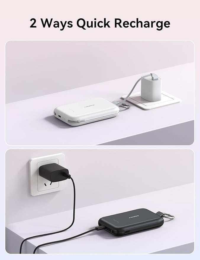 RORRY CharmGo Portable Charger, 10000mAh PD 30W Fast Charging Portable Charger Power Bank with Built-in Cables, Travel Keychain Charger Battery Pack for iPhone 17/16/15, for AirPods 2/3/4/Pro, Black