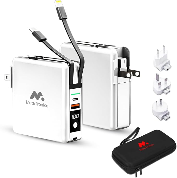5-in-1 Travel Power Bank with Wall Plug — 10000mAh MagSafe Wireless Portable Charger with Built-in USB-C & Lightning Cables + Universal International Travel Adapter (US/Asia/Europe/Asia)