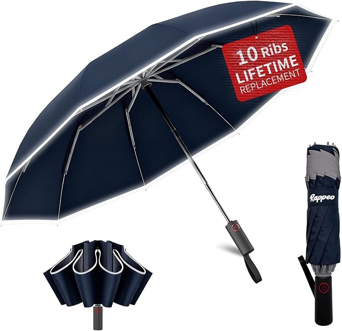 4-in-1 Inverted Travel Umbrella Compact, Automatic Large Umbrellas for Rain & Sun, Portable Windproof Umbrella for Backpack, Reverse Folding Umbrella for UV with Reflective Strips,Lightweight