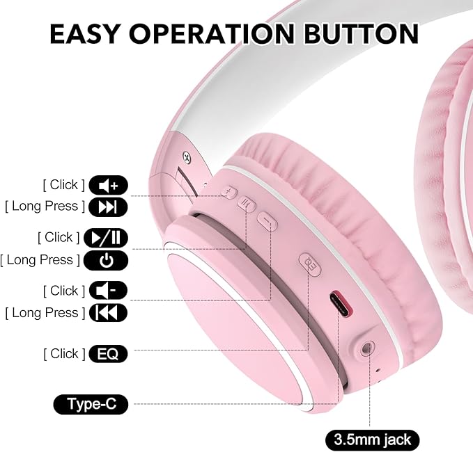 B10 Wireless Over-Ear Headphones, Lightweight Folding Stereo Bass Bluetooth Headset with Mic, 50H Playtime, Volume Control, Bluetooth 5.3 Headphones for iPad/Travel/Tablet/PC (Pink)