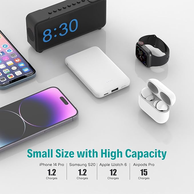 Sethruki Smallest Portable Charger with Built-in Cables 5000mAh,Ultra Slim Power Bank,Mini High Speed External Battery Packs,Lightweight USB C Phone Charger for iPhone Samsung Google Android (White)