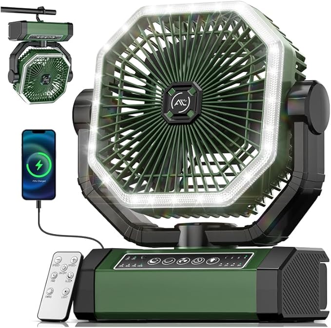 Allsion Camping Fan - 24000mAh Portable Fan, Rechargeable Fan with Light & Remote, Battery Powered Fan 4 Speed Strong Airflow, Desk/Camping/Outdoor/Gym Fan for Office Travel Treadmill Camping Gear