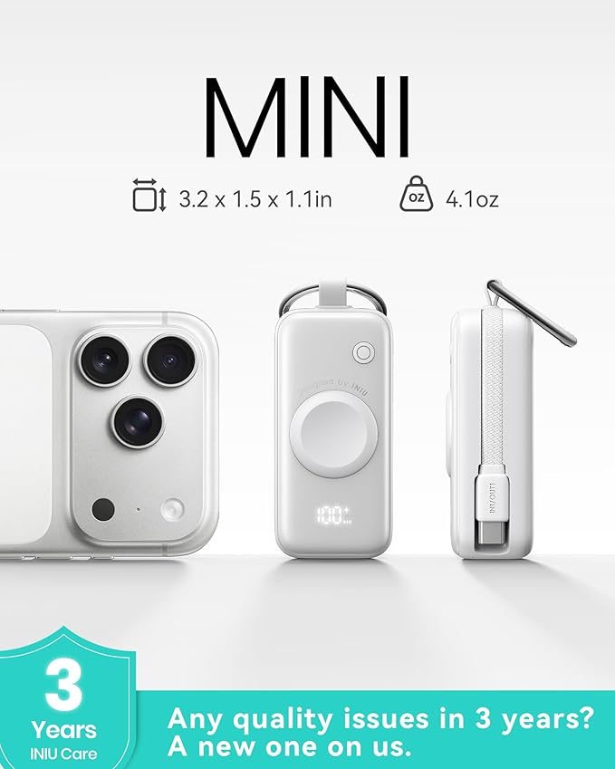 INIU 3-in-1 Portable Charger, Small 5000mah Power Bank with Built-in USB C Cable and Watch Charger, 20W PD Fast Charging Battery Pack, Travel Charger for iPhone 16 15, Apple Watch, etc
