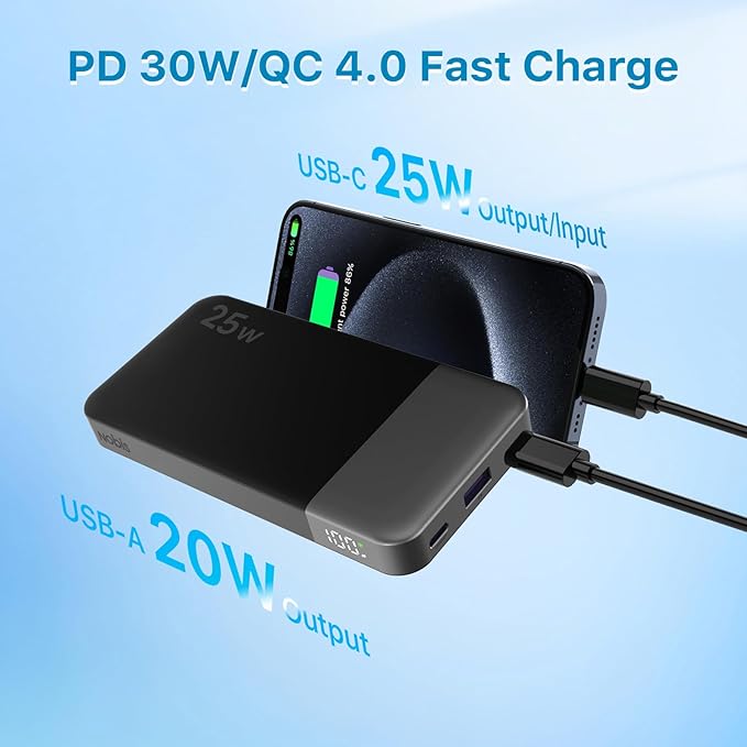 NOBIS Portable Charger, 10000mAh Power Bank Fast Charging, Battery Pack with C to C Cable, Battery Bank with Digital Display for iPhone iPad Android etc