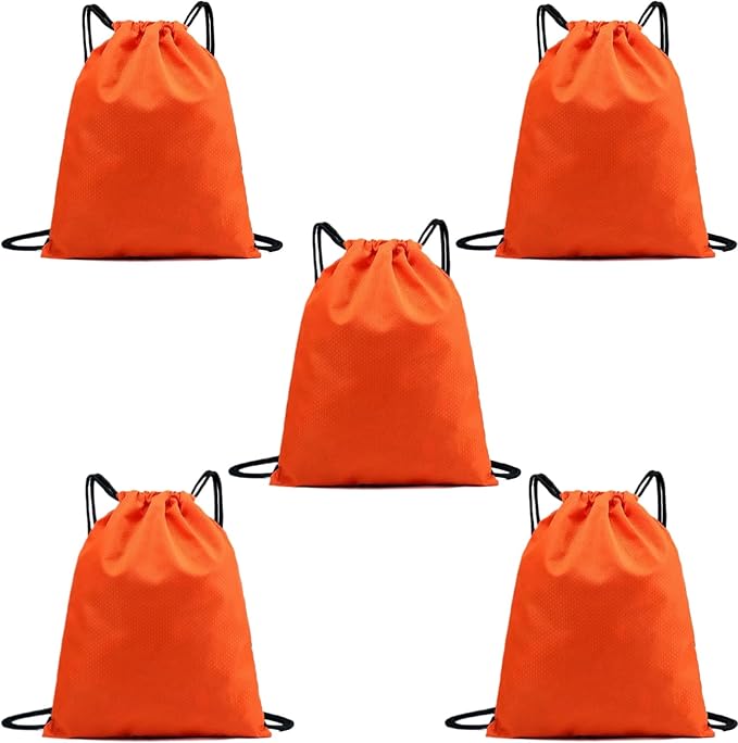 5-Pack Waterproof Drawstring Backpacks, Soccer-Texture Oxford Fabric, 16.9" × 13.8", Lightweight 0.20 lb Each, No Eyelets, Gym & Marathon Gear Sacks(Orange)