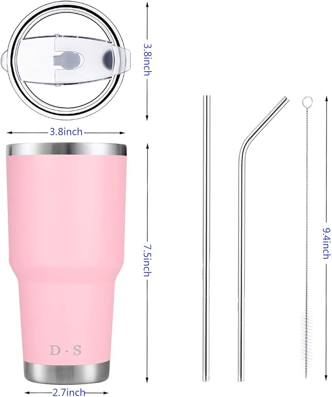 D·S 30 oz Pink Tumbler Stainless Steel Double Wall Vacuum Insulated Mug with Straw and Lid, Cleaning Brush for Cold and Hot Beverages (30oz Pink)