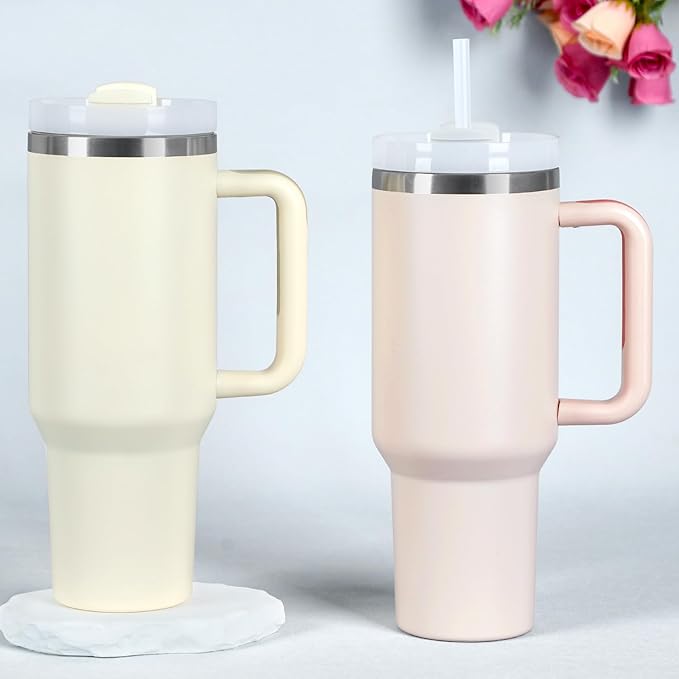 4 Pack 40 Oz Tumbler with Handle Bulk, Double Wall Vacuum Insulated Stainless Steel Tumbler with Lid and Straw, 40 oz cup with Silicone Spill Proof Stopper Set (Rose Quartz)