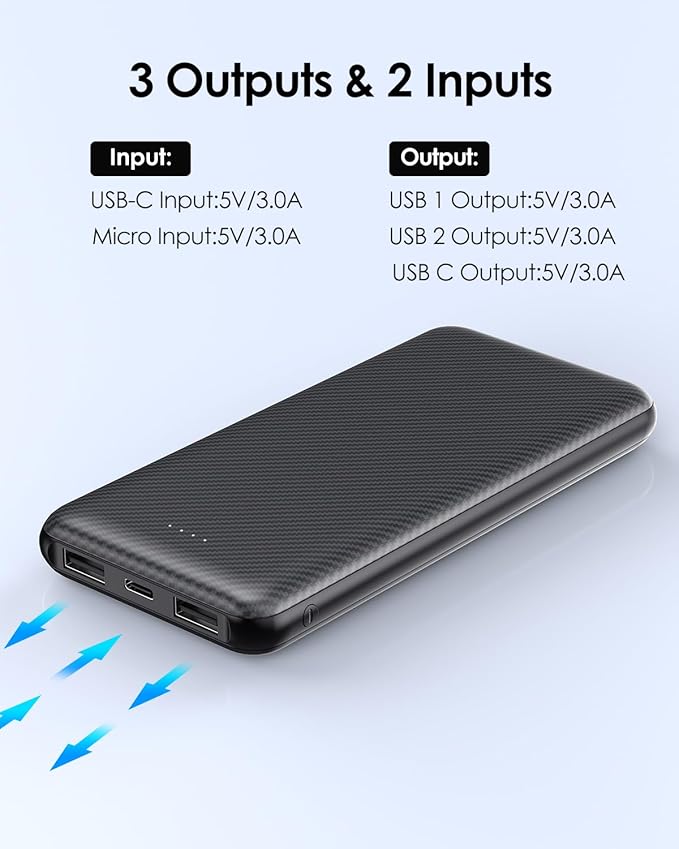 Power Bank 10000mAh Portable Charger, Slimmer Battery Pack 5V/3A with USB C Input & Output, Travel Essentials Powerbank Compatible for iPhone, Galaxy, LG, Sony, Pixels, Tablets and More (Black)