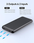 Power Bank 10000mAh Portable Charger, Slimmer Battery Pack 5V/3A with USB C Input & Output, Travel Essentials Powerbank Compatible for iPhone, Galaxy, LG, Sony, Pixels, Tablets and More (Black)