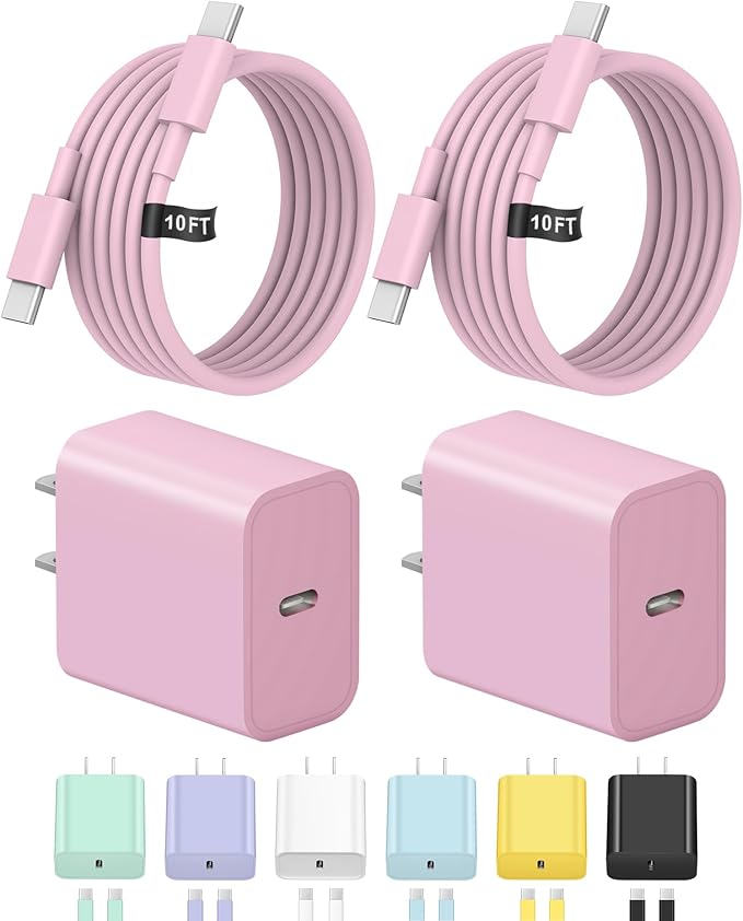 10FT iPhone 17 16 15 Charger Fast Charging USB C Charger Block Type C Chagrer Fast Charging 2-Pack for iPhone 17/17 Plus/17 Pro/17 Pro Max/iPhone 16/16 Plus/16 Pro/16 Pro Max/15/15 Pro Max/(Pink)