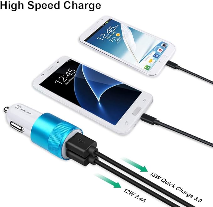 FiveBox Fast Car Charger, Quick 5.4A/30W Dual USB, QC 3.0 & 2.4A, Compatible Samsung Galaxy S23 S22 S21 S20 S10 S9 S8 Note, iPhone, Blue, Minimalist Style