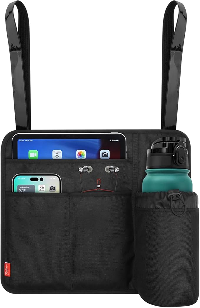 Airplane Seat Back Organizer & Storage, Airplane Tray Table Cover for Personal Items, Airline Seat Hanging Pockets Media Pouch,Reusable Travel Essentials, Fits Tablets, Cell Phone,Water Bottle (Black)