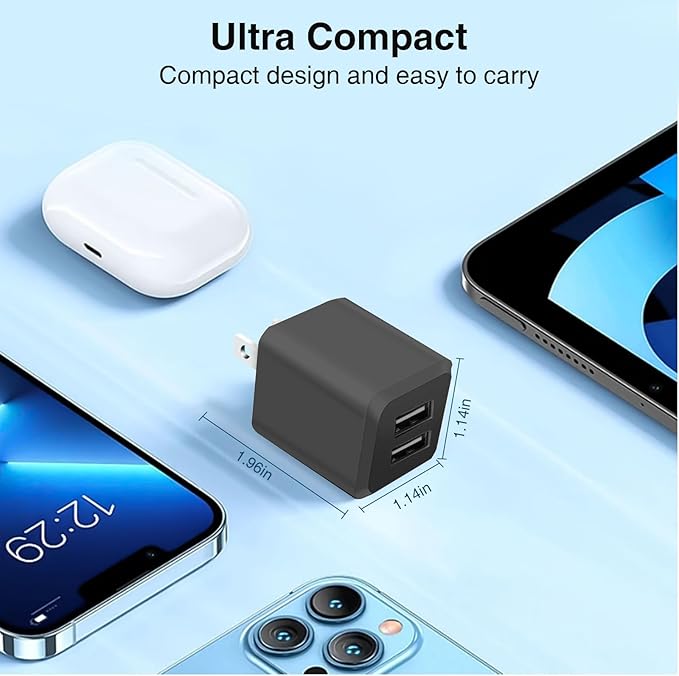 USB Wall Charger, Dual Port USB Cube Power Adapter Charger Plug Block Charging Box, Dual Port Wall Fast Charging Adapter, Compatible for i Phone 14 13 12 11，Black