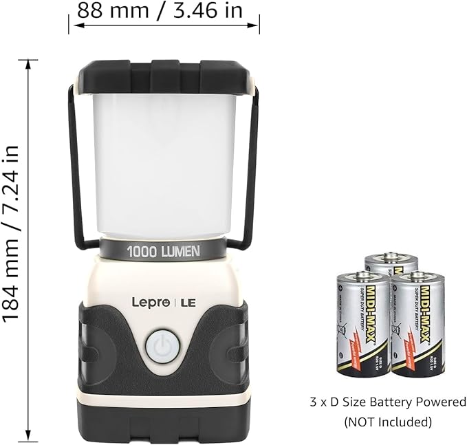 Lepro 1000LM Battery Powered LED Camping Lantern, White Tent Light with 4 Light Modes, Camping Essentials, Waterproof Lantern Flashlight for Camping, Emergency Light, Power Outage, Not Rechargeable
