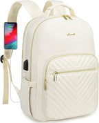 LOVEVOOK Laptop Backpack Purse for Women, Work Travel Computer Bags, College School Backpack for Student Girl, Quilted Casual Daypack with USB Port, Fit 15.6 Inch Laptop, Beige White