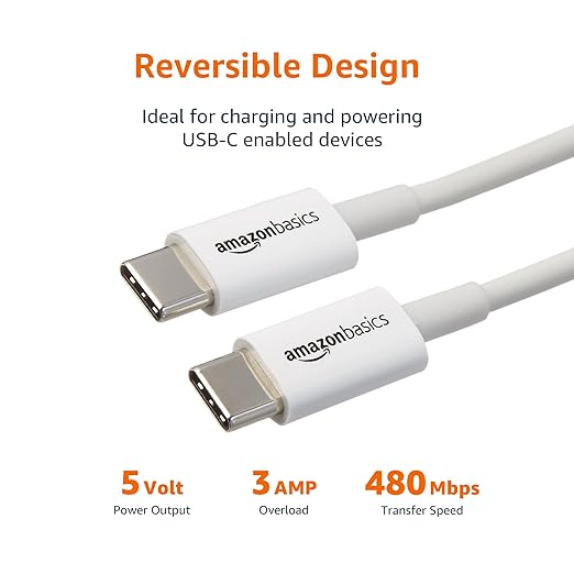 Amazon Basics USB-C to USB-C Cable, 6 Foot | 480Mbps Speed | USB-IF Certified | White | Pack of 2