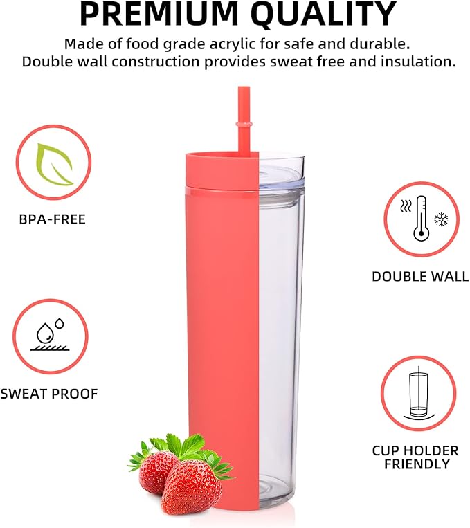 Volhoply 20oz Plastic Skinny Tumbler,Double Wall Tumblers with Lid and Straw,Reusable Travel Iced Coffee Mug,BPA Free Matte Acrylic Water Cups With Straw for Parties,DIY Gifts(Red, 1 Set