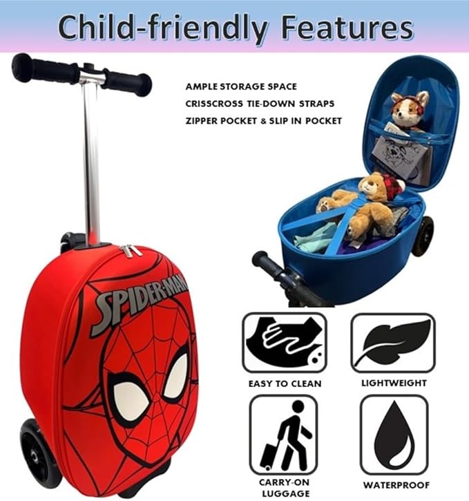 Fast Forward Spider-Man 18" Ride-On Suitcase Scooter - Lightweight Carry-On Scooter Luggage