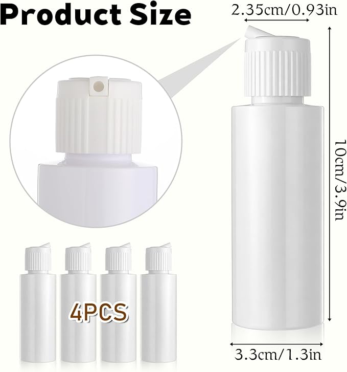 2 Oz Travel Squeeze Bottle with Flip-top Pour Spout, 4Pcs Small Plastic Bottles Refillable Squeeze Bottle for for Lotion, Shampoo, Various Liquids (White)