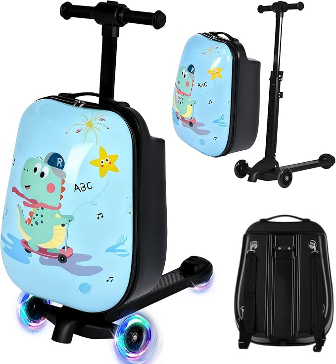 smilesun 4-in-1 Detachable Scooter Luggage for Kids & Teens, Hardside Ride-On Suitcase with Dinosaur Design, Lightweight Foldable, Perfect Travel Gift for Boys(Light Blue 22-inch)