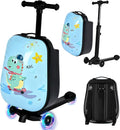smilesun 4-in-1 Detachable Scooter Luggage for Kids & Teens, Hardside Ride-On Suitcase with Dinosaur Design, Lightweight Foldable, Perfect Travel Gift for Boys(Light Blue 22-inch)