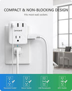 LENCENT Multi Plug Outlet Extender, 2 Pack, 3 Outlets Splitter with 3 USB Ports, USB Brick, Wall Charger, 3 Prong Power Charging Box Expander for Home, Office, Hotel - White