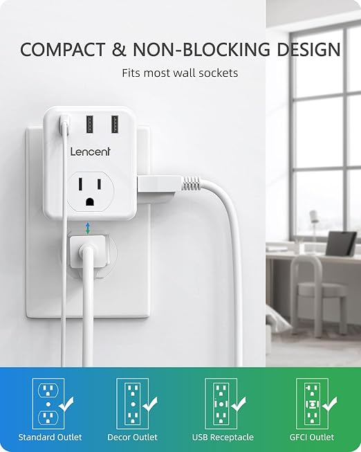 LENCENT Multi Plug Outlet Extender, 2 Pack, 3 Outlets Splitter with 3 USB Ports, USB Brick, Wall Charger, 3 Prong Power Charging Box Expander for Home, Office, Hotel - White
