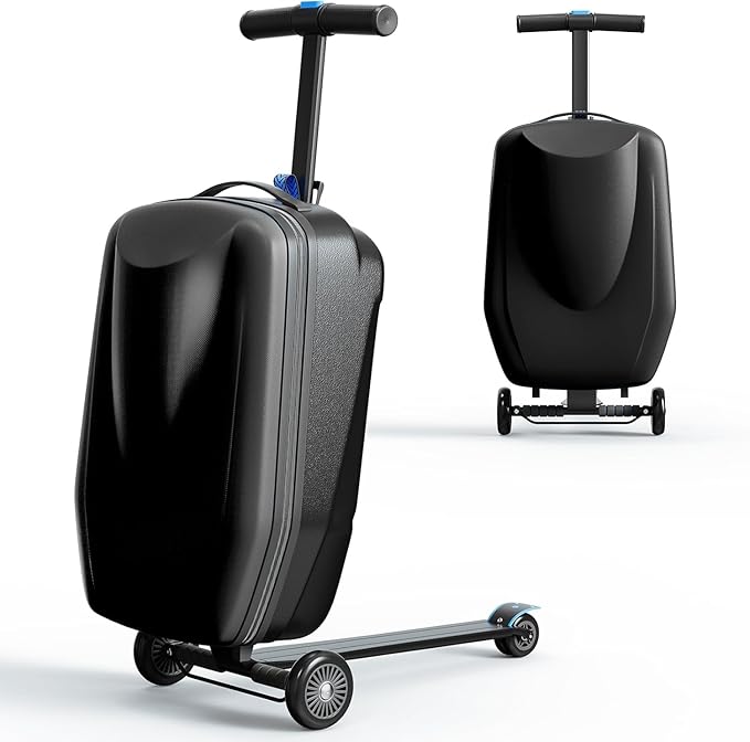 TABU 21" 3-D Hardshell Scooter Suitcase for Kid & Adult, Foldable Carry-on Scooter Luggage with Telescopic Handle, Multifunctional Lightweight Traveling Suitcase for Age 4-15, Black
