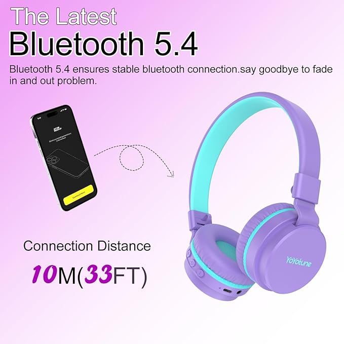 Kids Bluetooth Headphones,Lightweight Kids Headphones Wireless,85/94dB Safe Volume,40H Playtime,Fast Charging,Bluetooth 5.3,Over Ear,Toddler Headphone Built-in Mic for School/Tablet/Travel (Purple)