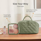 LOVEVOOK Travel Makeup Bag for Women, 2Pcs Puffer Waterproof Cosmetic Organizer, Large Capacity Pouch Open Flat Small Toiletry Bag with Brush Compartment & Handle (Green, Medium)