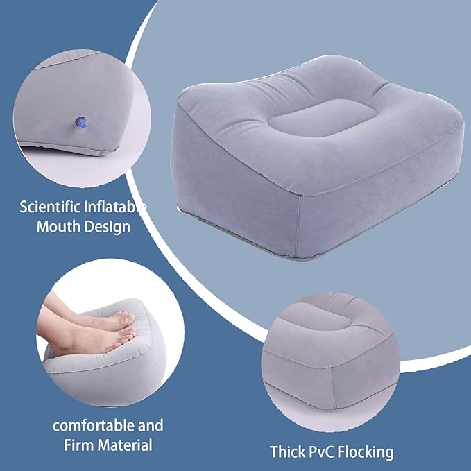 Inflatable Foot Rest for Travel, Soft Flocking Airplane Leg Rest Pillow, Portable Cushion Ottoman for Flights, Office, Home, Camping (Gray)