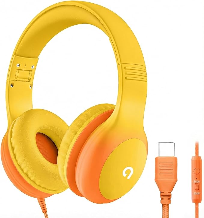 ADOOPE Wired Kids Headphones with USB C Plug, 85dB Safe Volume, Adjustable Headband, Tangle-Free Cord Headphones for School, Tablet, Travel (Yellow & Orange, with Microphone)