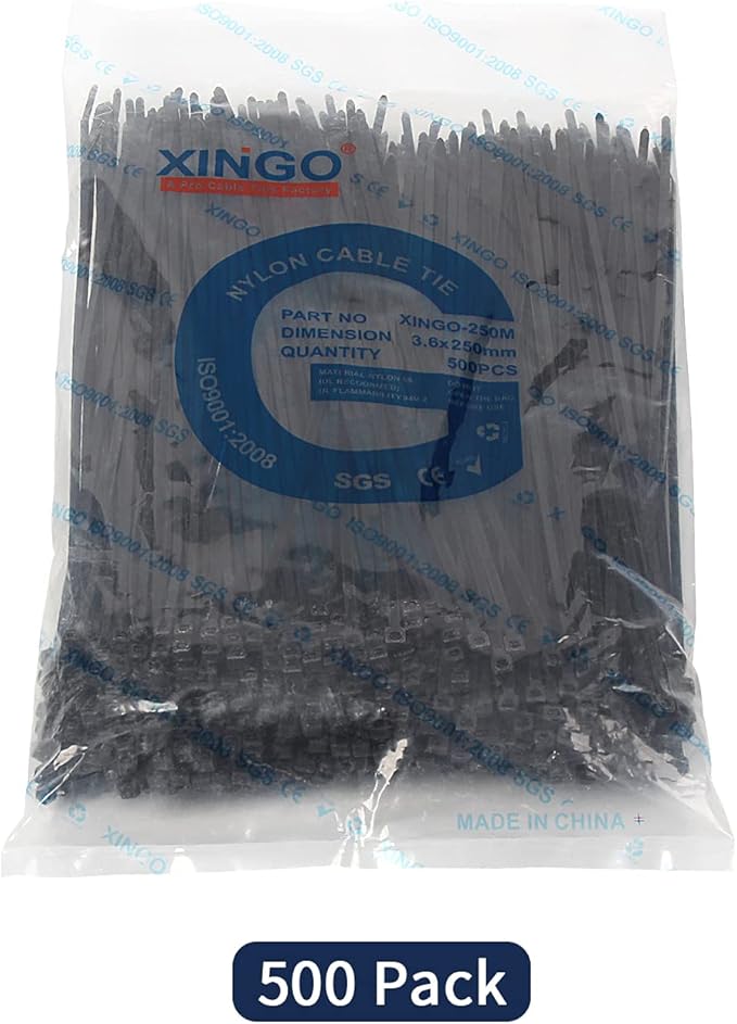 XINGO 10 Inch Cable Zip Ties (500 Pack), 40 Lbs Tensile Strength-Heavy Duty, Self-Locking Nylon Plastic Nylon Wire Ties for indoor and outdoor (Black)