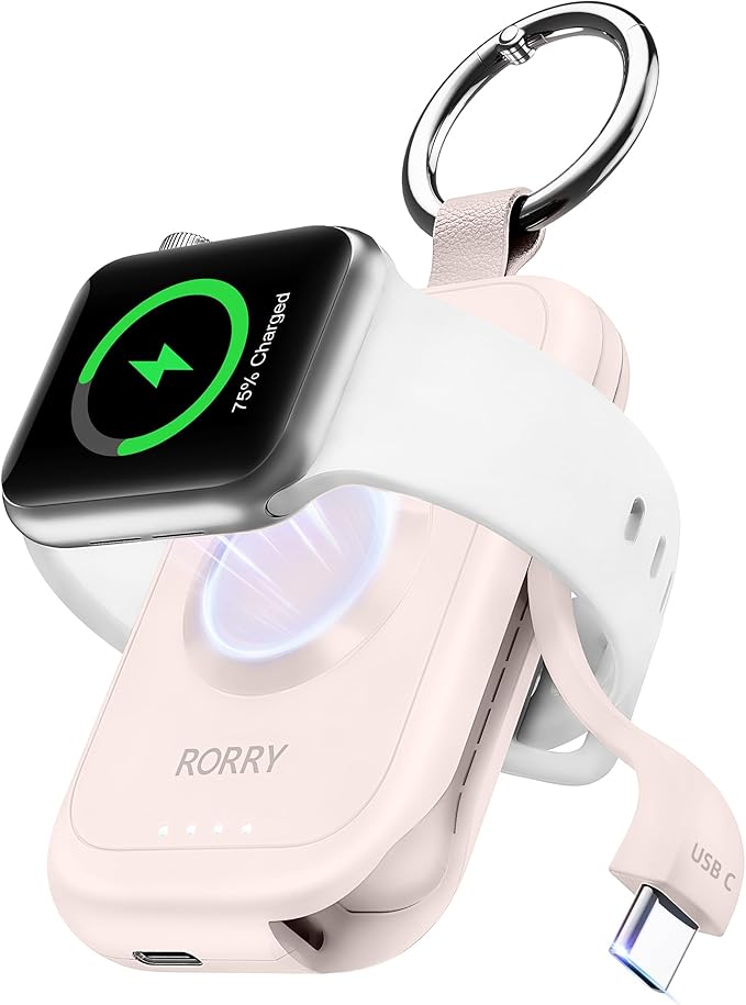RORRY CharmGo Charger for Apple Watch Series 9, 2500mAh Fast Charging Portable Charger for iWatch, Travel Charger with Built-in USB C Cable for Apple Watch Ultra Series 9 8 7 6 3 Accessories, Pink