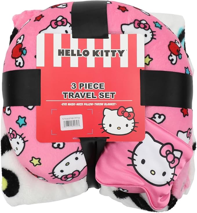 Bioworld Adult Hello Kitty Travel Set with Neck Pillow, Eye Mask, and Throw Blanket, Adorable Comfort for Hello Kitty Fans on the Go!