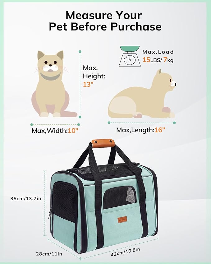 Morpilot Cat Carrier - Cat Carrier Soft for Medium or Large Cats up to 20lbs, with Dual-Sided Cushion, Secure Buckle and Foldable Bowl, Dog Carriers for Small Dogs - Pet Carrier (Green)