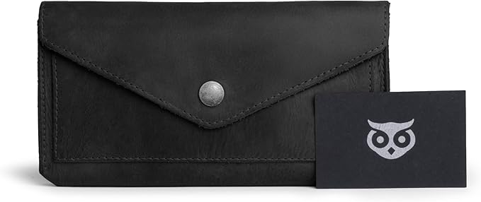 Hide & Drink, Full Grain Leather Large Female Wallet, Travel Organizer for Women, Vintage Money and Card Holder, Handmade, Charcoal Black