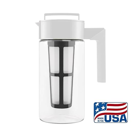Takeya Deluxe Cold Brew Coffee Maker - BPA-Free Tritan Pitcher with Airtight Leakproof Lid, Silicone Grip Handle, Fine-Mesh Filter - Shatter-Proof, Dishwasher Safe, Made in USA - 1 Quart/White